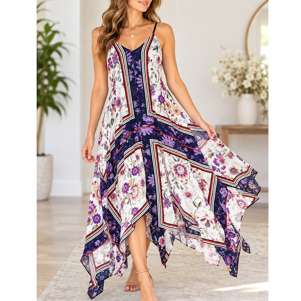 ⭐️ Nanette Lepore Floral Scarf Print Handkerchief Hem Maxi Dress Navy Size 4